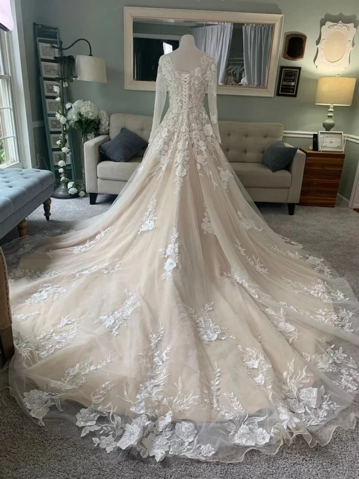 Шикарный трапециевидный свадебные платья v-образным вырезом длинные рукава кружева аппликации свадебные платья - Изображение 2 из 4