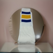 VTG Tube Socks 21  White Blue Gold 80's New Acrylic Blend Striped USA Made