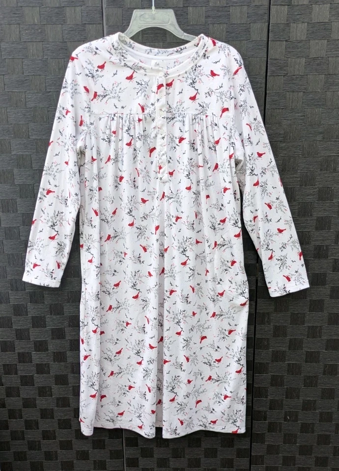 NEW L Aria Collection Cardinal Birds White Nightgown Button Yoke Side Pockets - Image 4 of 4