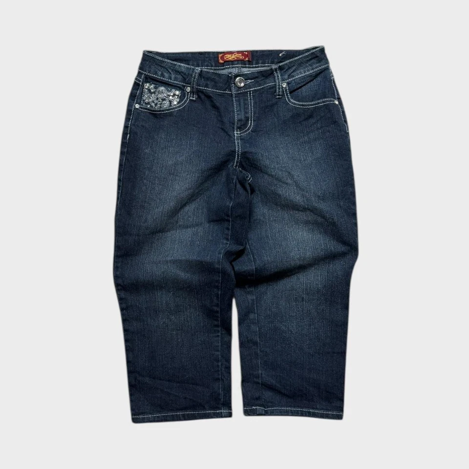 Pantalones Cortos De Colección Y2K Bordados Para Mujer Azul Marino Denim Calce Ajustado Talla 28 Cintura Foto 2 de 4