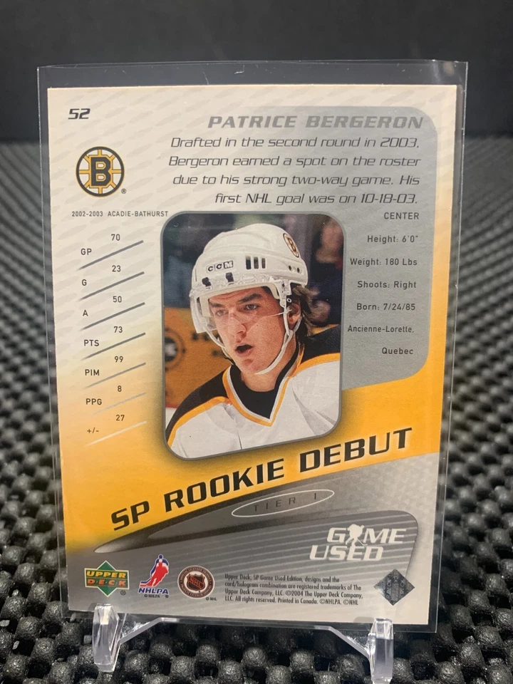 2003-04 SP Game Used Edition Debut /600 Patrice Bergeron Tier 1 #52 Rookie RC - Image 2 of 2