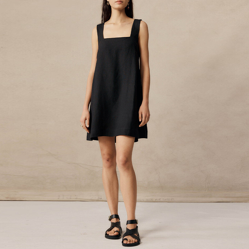 Women Linen Tie Cotton Back Summer Square Neck Solid Slip Short Dress