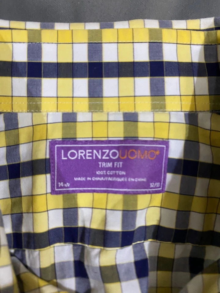 LORENZO UOMO 男式 14.5 (32/33) 修剪版型蓝色黄色格子棉质衬衫 — 第 3/4 张图片