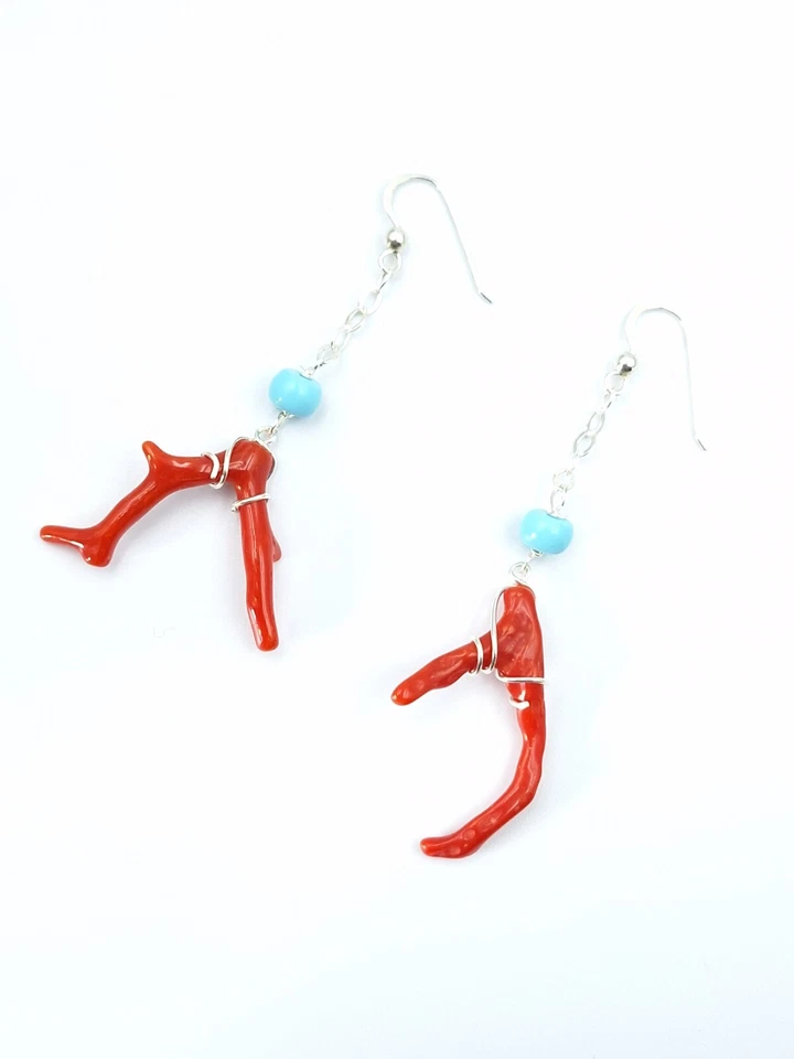 Orecchini Donna Vero Corallo Rosso Di Sardegna Salmone Pendenti Argento 925 - Immagine 2 di 4