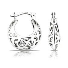 925 Solid Sterling Silver Filigree Boho Hippie Ethnic Round Hoops Earrings 17mm
