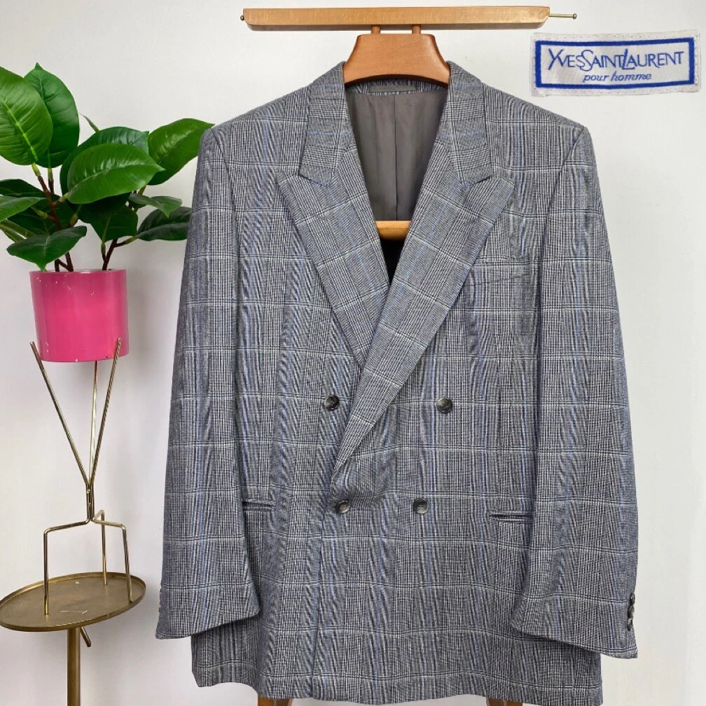 SAINT LAURENT (YSL) Giacca blazer Yves Saint Laurent POW check doppiopetto pizzo risvolto grigio (42)