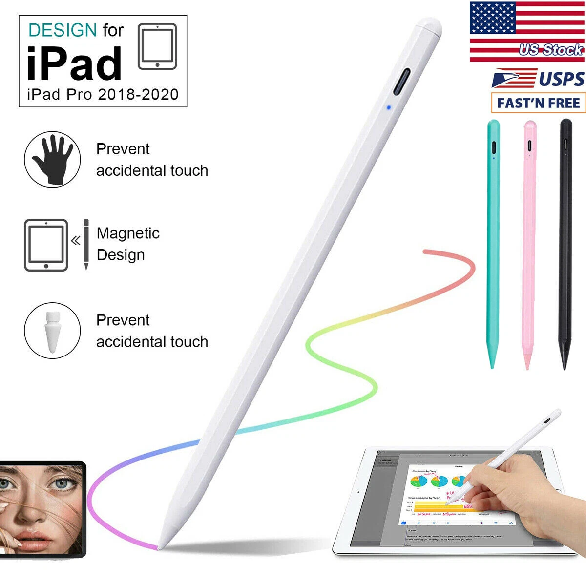 iPad Pencil, Palm Rejection & Tilt Drawing Active Stylus Pen for Apple iPad  Pro Air Mini (White)