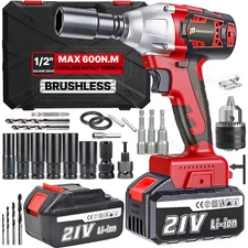 21V Cordless Impact Wrench 1/2" 600Nm High Torque Brushless Drill Driver Battery