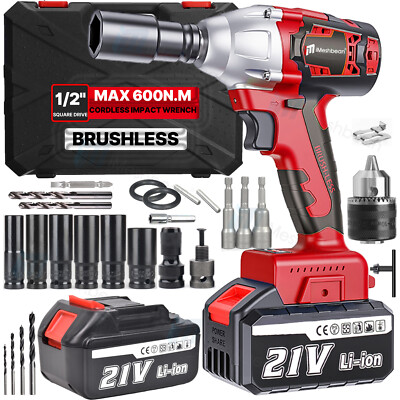 21V Cordless Impact Wrench 1/2'' 600Nm High Torque Brushless Drill Driver Battery