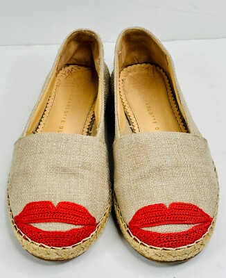 CHARLOTTE OLYMPIA CUTE!! WOVEN TAN&RED LIPS KISS ME FLATS ESPADRILLES SHOES*35 5