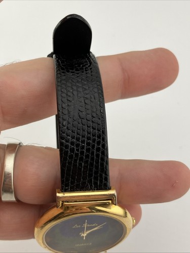 Vtg Lee Sands Ladies 35mm Watch Gold Tone Black Band Peacock Dial 6.5”-8”- RUNS - Picture 12 of 20
