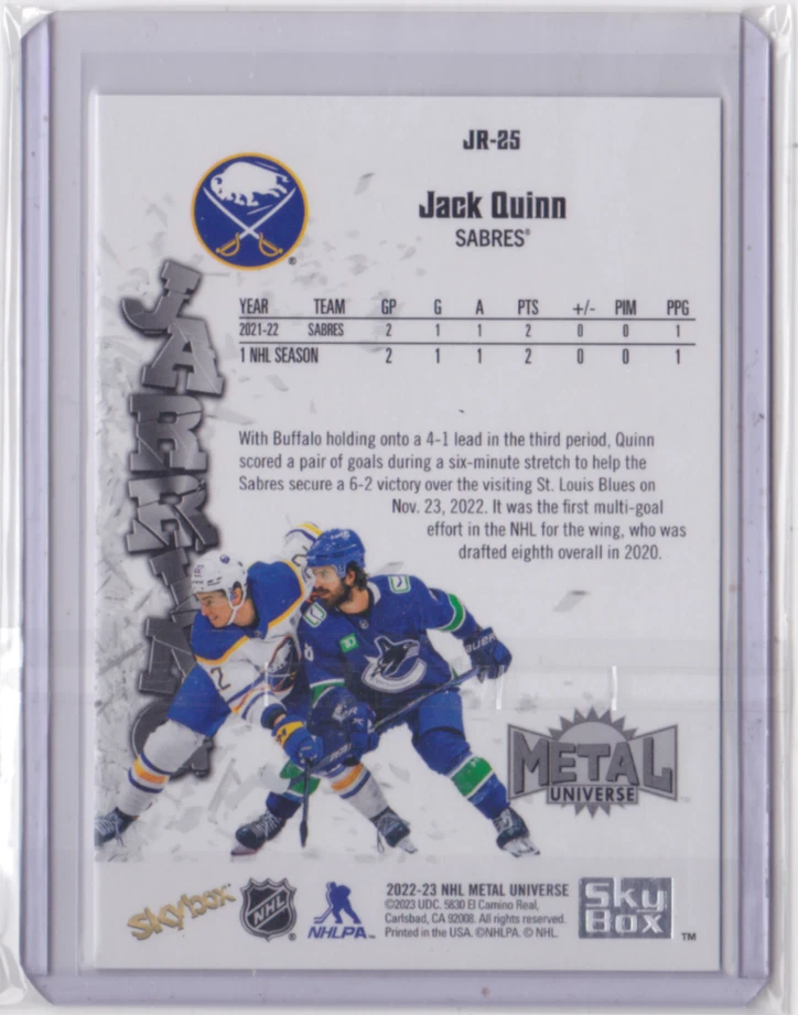 2022-23 NHL METAL UNIVERSE JARRING INSERT JACK QUINN #JR-25 BUFFALO SABRES - Image 2 of 2