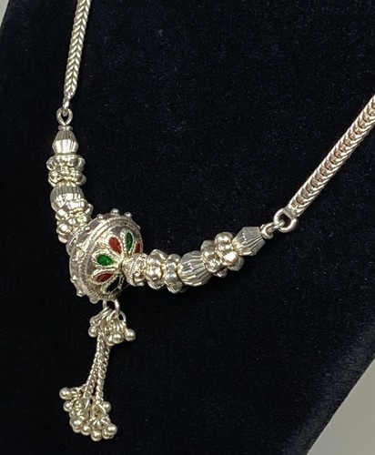 Silver Wedding Mangalsutra Statement Necklace 16” with Red and Green Accents - Picture 15 of 22