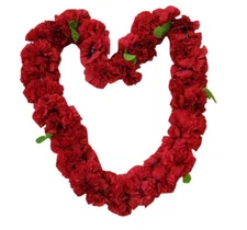 Hawaiian Double Full Red Carnation Flower Leaves Laua Wedding Party Silk Lei