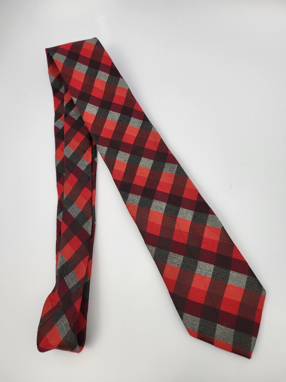 Structure Polyester Tie Red Gray Black Plaid Geom… - image 2