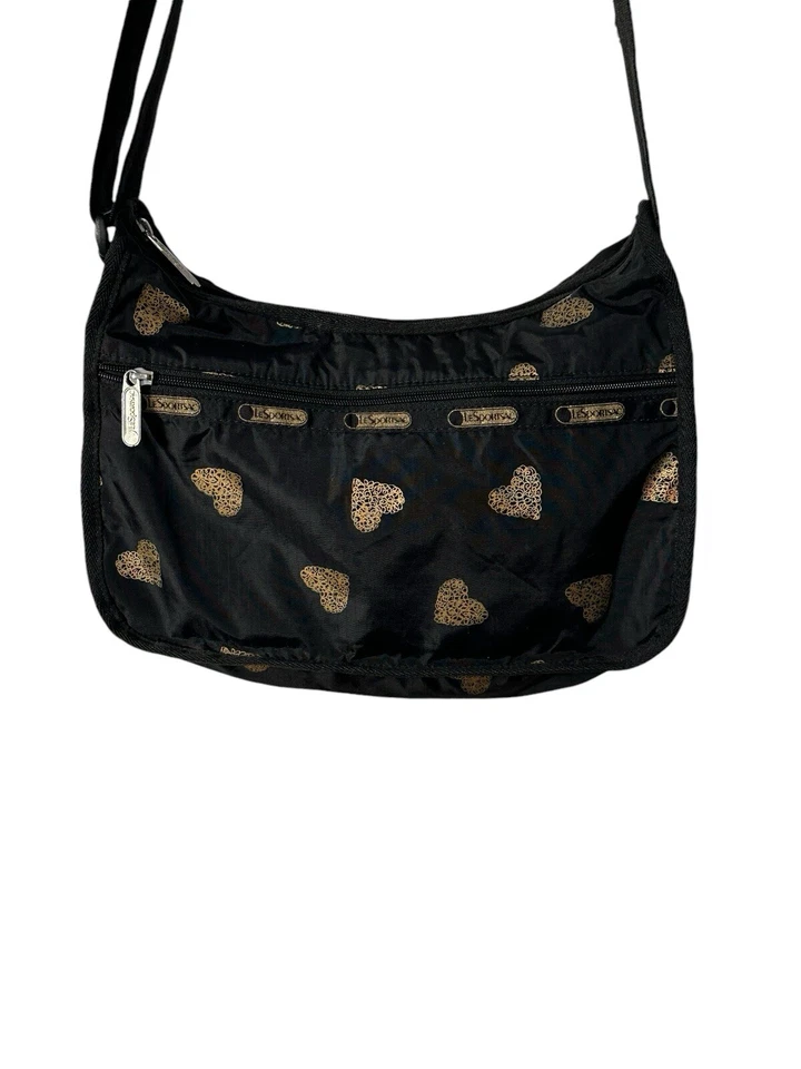 Lesportsac Heart Bag Black Gold Everyday Deluxe Crossbody Black Purse Expandable - Image 3 of 4