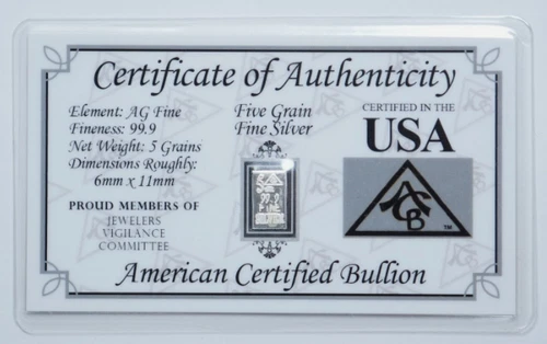 American Certified Bullion - 5 Grains .999 Silver Mini Bar - 1/100th oz