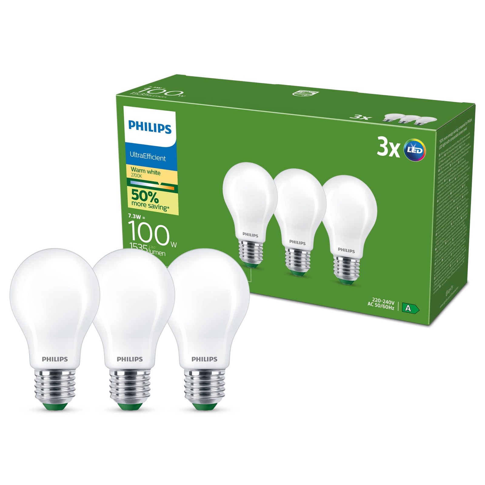 Ampoule LED E27 puissant 1535 lumens à économie énergie pack de 3 lampes A60