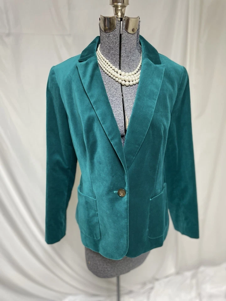NUEVO $149 Blazer Talbots Talla 14P Chaqueta Azul Verde Mezcla de Algodón Bolsillos de Terciopelo Foto 4 de 4