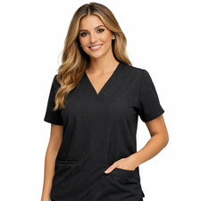 FIGS Technical Collection Scrub Top Women L Black FW1100 Pockets Medical Nurse