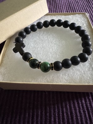 Handmade Natural 8mm Round Stone Beaded Stretch Bracelet, Black Lava/Green Tiger