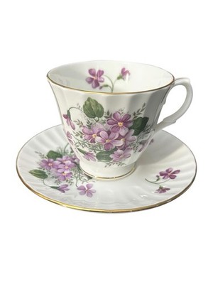 Duchess Fine Bone China Violet Teacup Saucer Made in England Gold Trim Floral