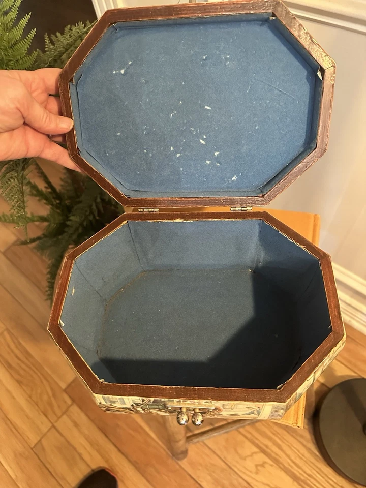 Vintage Decoupage Wood Box Purse Tan / Anton Pieck Style - Image 3 of 4