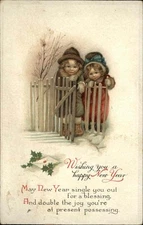 NEW YEAR Cute Children Fence Snowy Landscape INT'L ART Antique Postcard