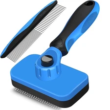 2PCS Self Cleaning Slicker Brush & Dog Comb - Skin Friendly Deshedding Blue 