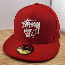 VTG Stussy World Wide Fitted Hat, Red Cap, 100% Wool, New Era 5950, Size 7 3/4