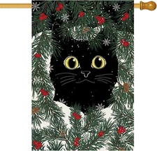 Christmas Winter Black Cat House Flag 28X40 Inch Double Sided Holly Berries Welc