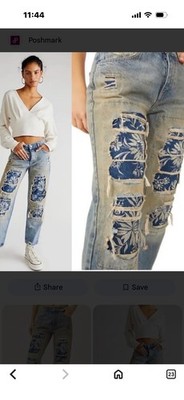 Free People Desert Rose Floral Distressed Patchwork Denim Jeans Women's size 30