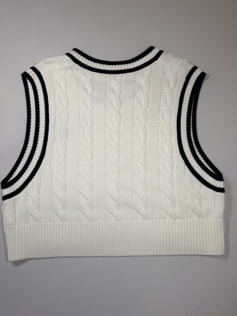 Tna Cable-Knit Sweater Vest White Black Contrast Trim Sleeveless V