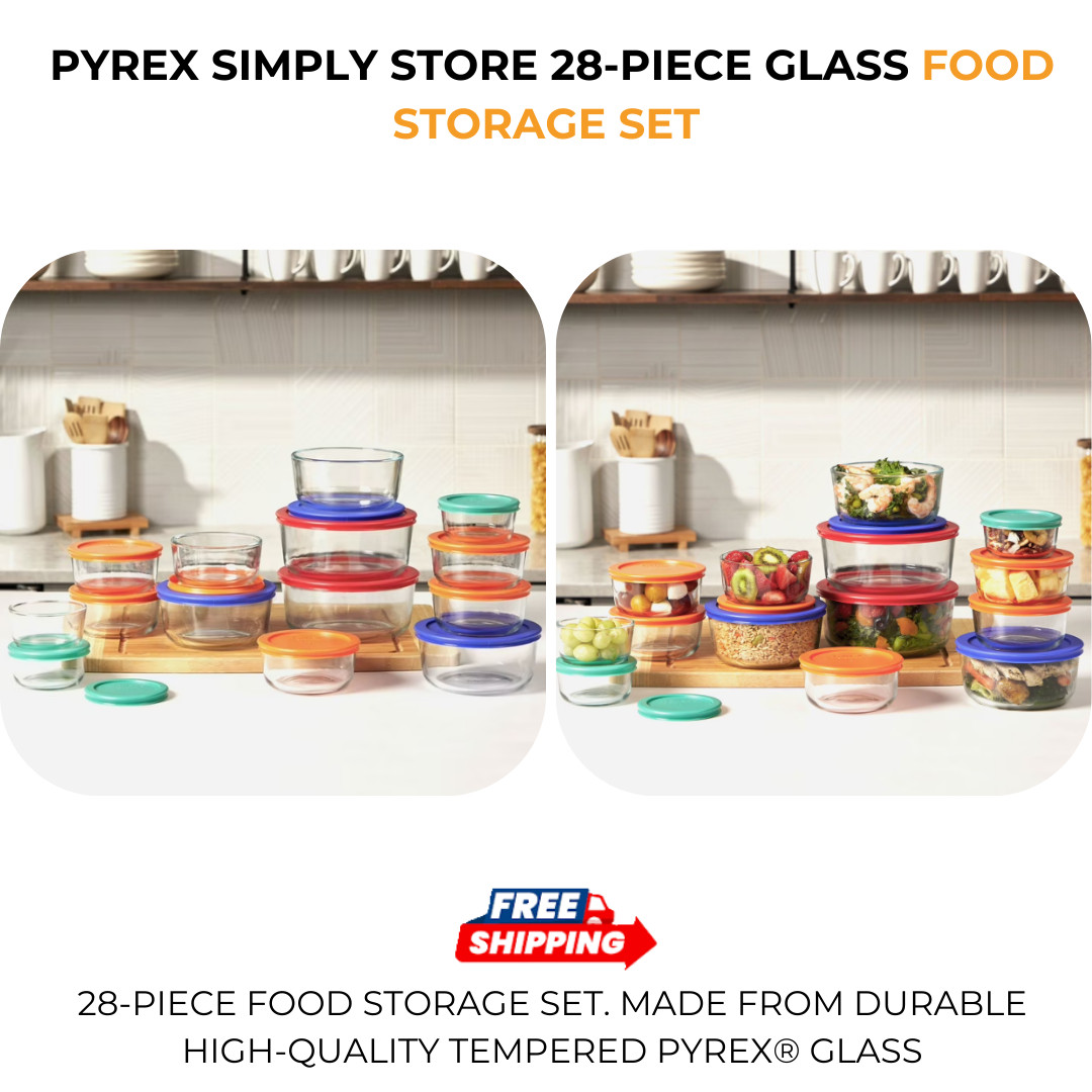 Pyrex Simply Store 28-Piece Glass Food Storage Set Durable Leak Proof Lids