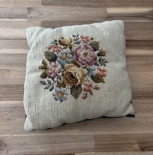 Vintage Floral Cottage Tea Rose Needlepoint Throw Pillow Velvet Green 12  X 12  