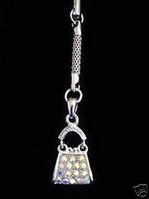 PURSE CELL PHONE CHARM STRAP WITH CLEAR AB CRYSTALS SILVER TONE