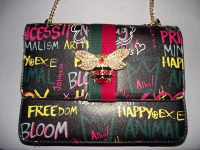 ALBA Queen Bee Stripe Graffiti Fashion Boxy Satchel Bag Purse Gold Chain Handle