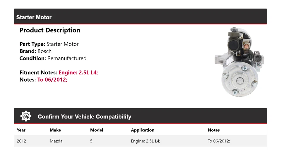 Arranque Bosch para Mazda 5 2012 2,5 L L4 (remanufacturado) Foto 2 de 4