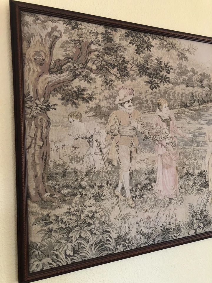 Антикварный французский машинный тканый гобелен XIX века «Сельская сцена» - Изображение 2 из 4