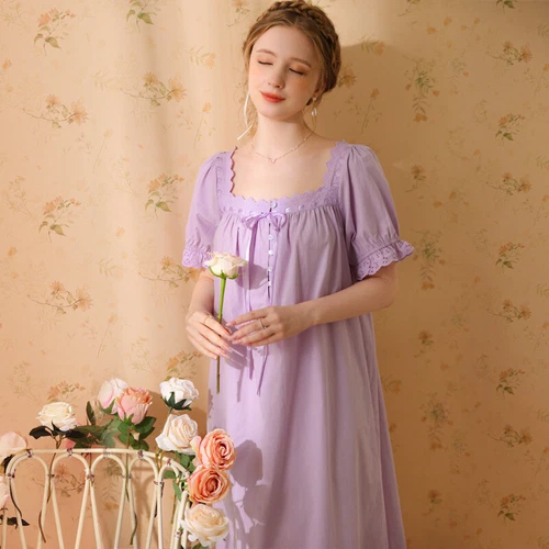 Damen Baumwolle Nachthemd Kurzarm eckiger Ausschnitt Pyjama Schlafkleid - Bild 26 von 34