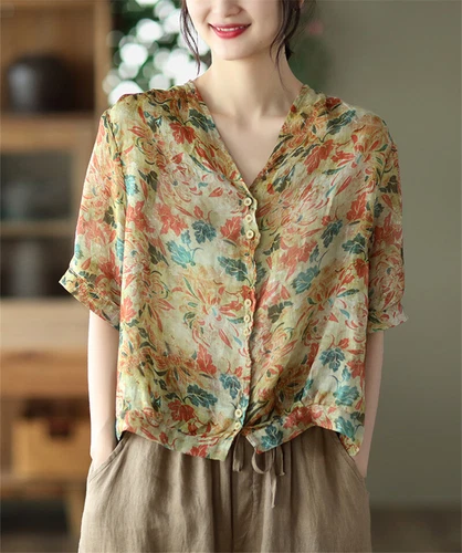 Sommer Retro bedrucktes T-Shirt Damen Baumwolle Leinen V-Ausschnitt lässig locker Bluse Top - Bild 5 von 9
