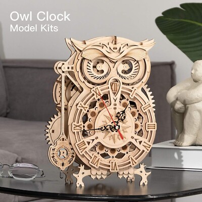 ROKR 3D Wooden Puzzle Owl Alarm Clock Mechanical Gear DIY Model Kit Easter Gift