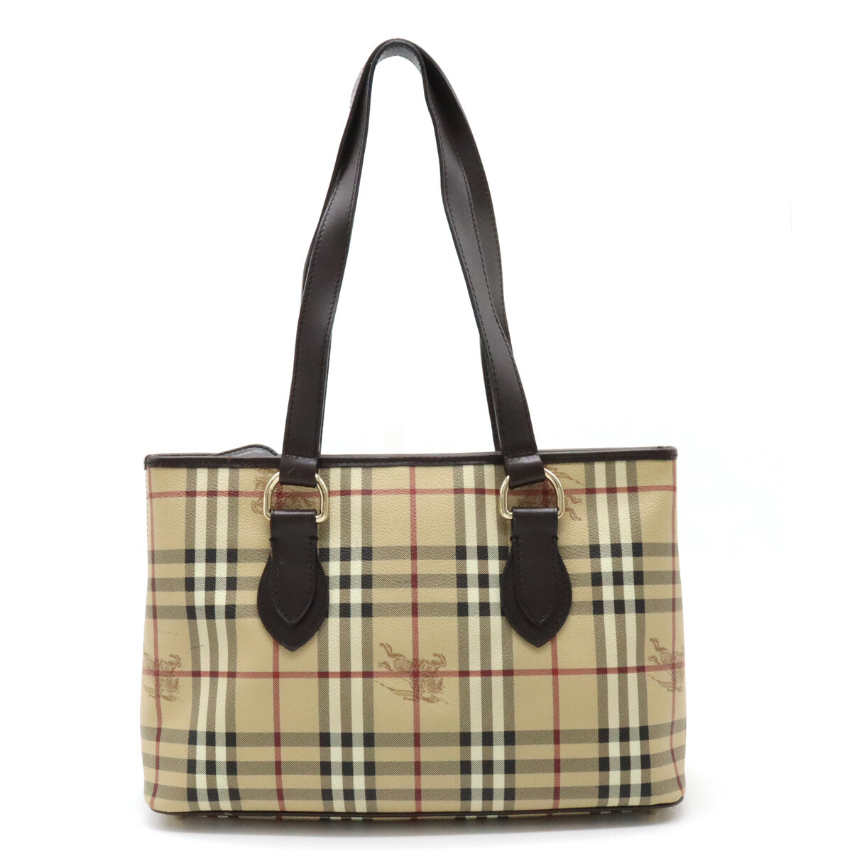 BURBERRY Nova Check Plaid Tote Bag Shoulder Bag PVC Leather Beige Dark Brown
