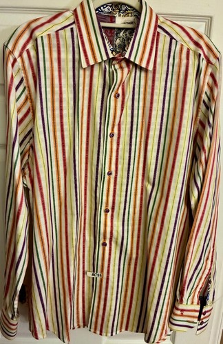 ROBERT GRAHAM XL shirt multi-color striped with paisley cuffs designer
