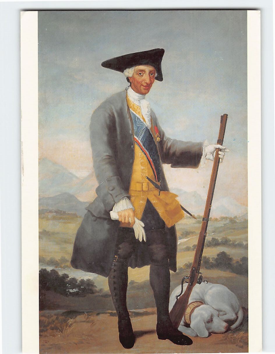 Postal Carlos III en traje de caza de Goya, Museo del Prado, Madrid, España