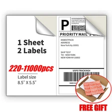 Shipping Labels 2 Per Sheet 8.5x5.5" Half Sheets Blank Self Adhesive 220- 11000