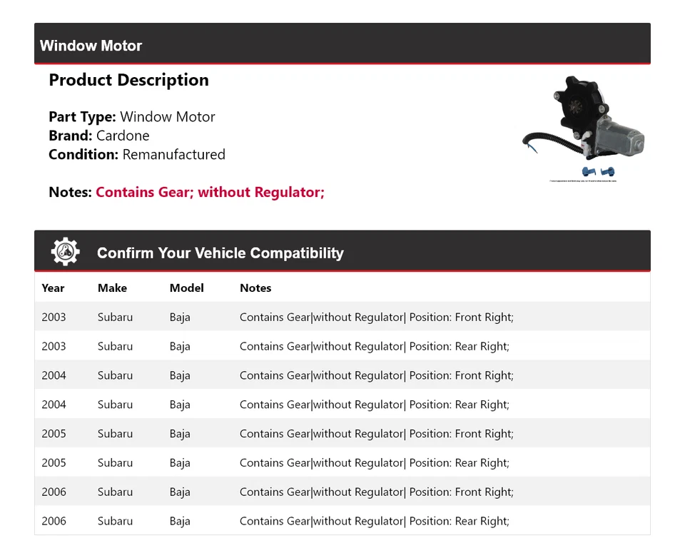 Para Subaru Baja 2003-2006 Ventana Motor Cardone 2004 2005 Foto 2 de 4