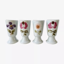 4 mazagrans en grès, décor fleurs