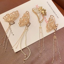 1Pc Hollow Butterfly Flower Pearls Chain Long Tassel Hair Claw Hair Clip Hairpin