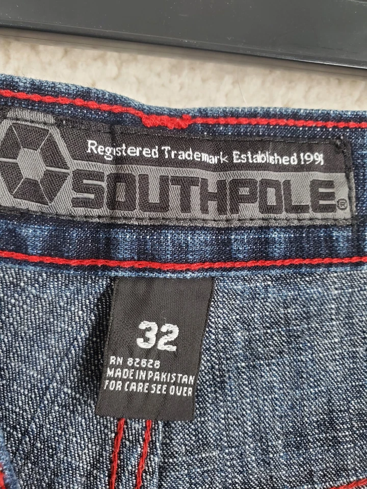 Pantalones Cortos de Jean Southpole Azul Para Hombre 32x32 Denim Sueltos Rojo Costuras Patinaje Hip Hop Foto 2 de 4